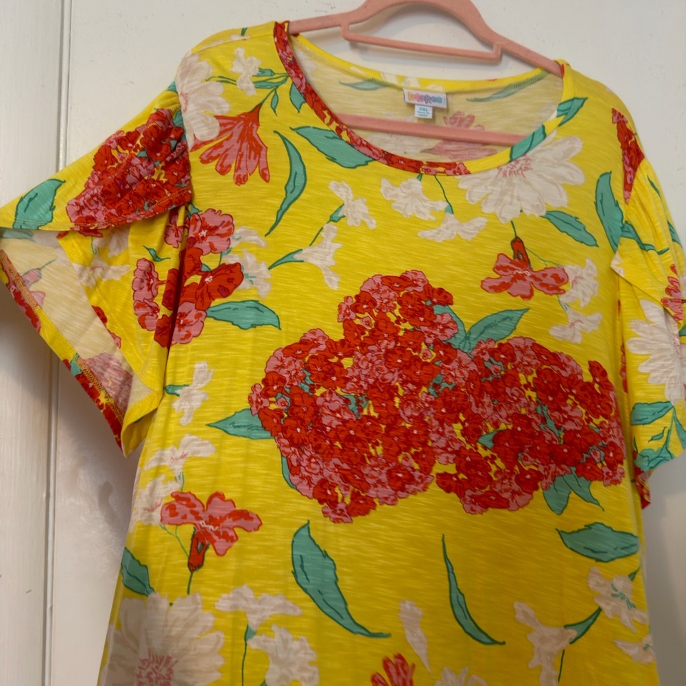 LuLaRoe Yellow Short Sleeve Tee with Red Floral Print